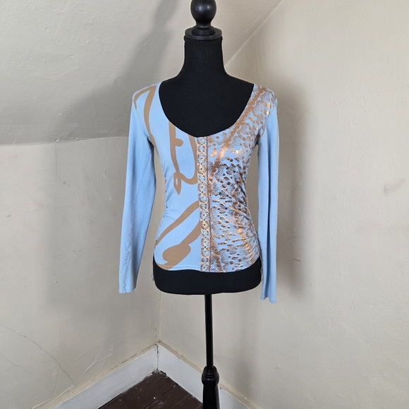 Le Jean De Marithe+Francois Girbaud Blue/Gold Stretch Top Size S?(no tag size) - Picture 1 of 11